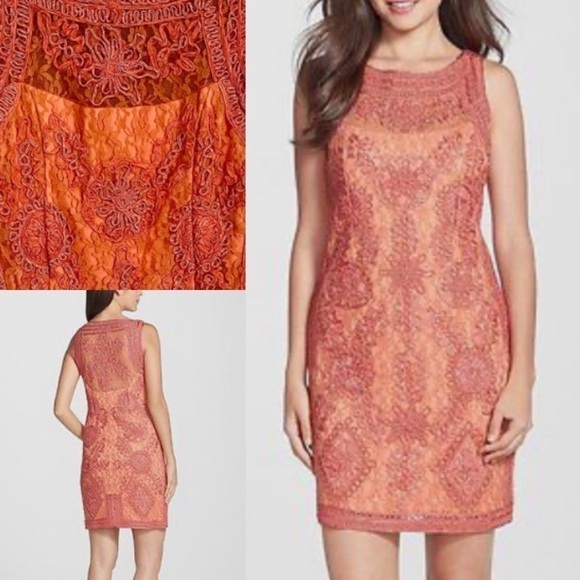 JS Collections Soutache and Lace Melon Sleeveless Sheath Dress SIZE 4 - Picture 1 of 8